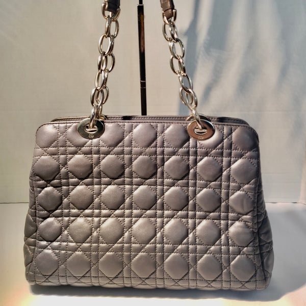 DIOR Grey Cannage Quilted Leather Small Dior Soft Zipped Tote