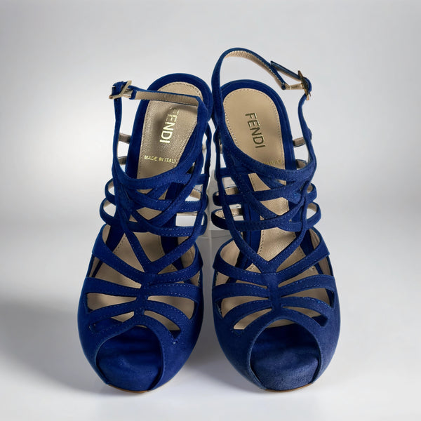 Royal Blue Suede Cut-Out Cage Sling-Back Peep-Toe Pumps