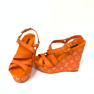 Louis Vuitton Orange And Leather Ocean Criss Cross Wedge Sandals