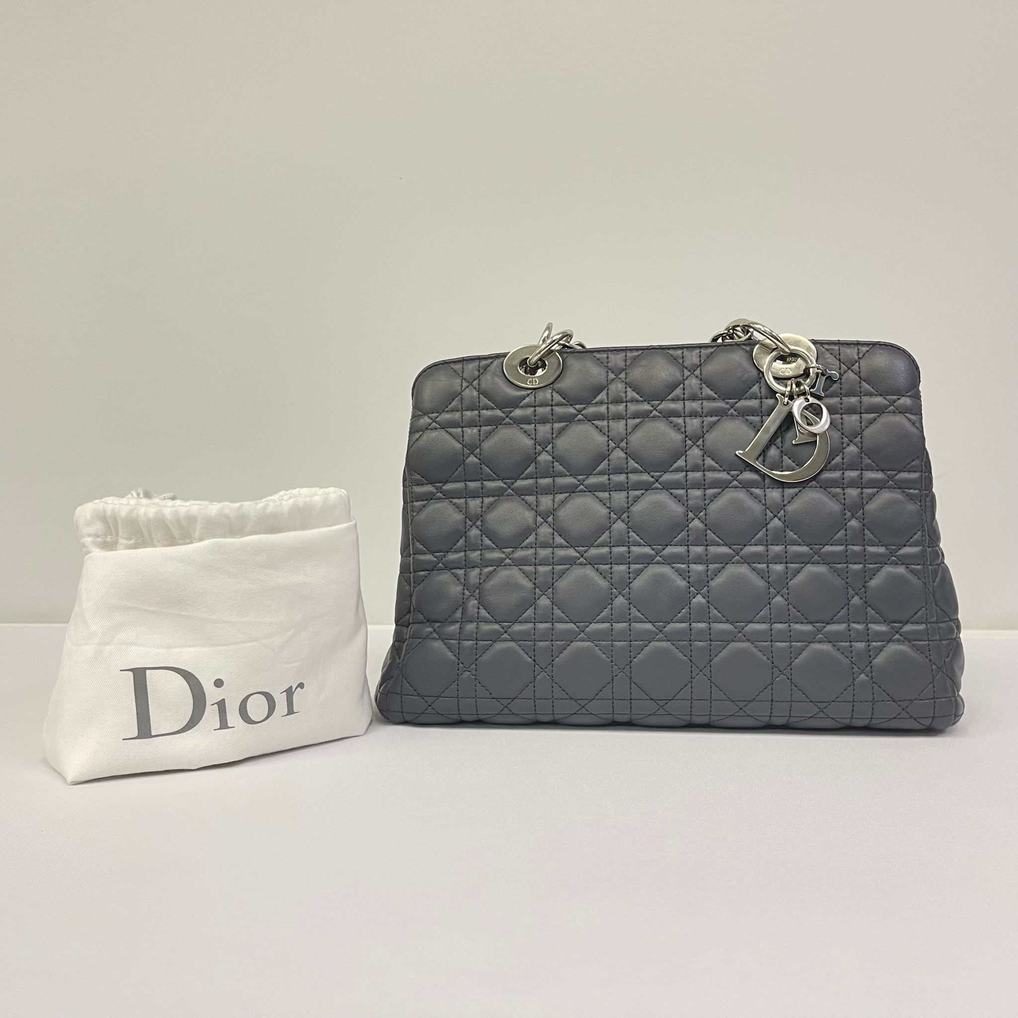 Dior Grey Cannage Quilted Leather Small Dior Soft Zipped Tote